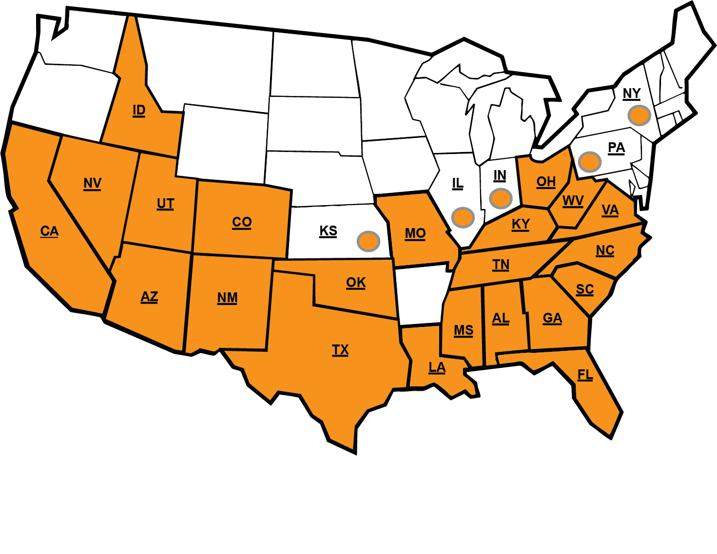 A Map of the US Showing states and where EW is licensed.